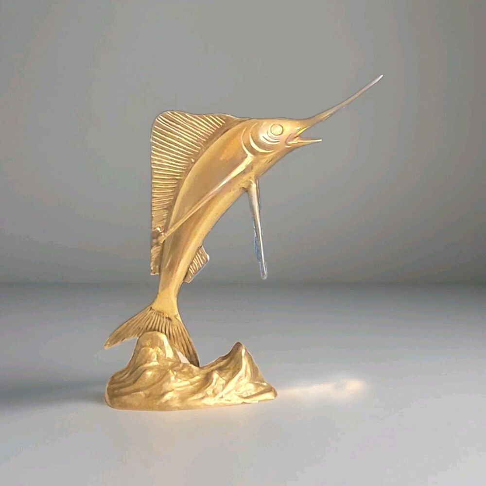 Vintage Brass Sailfish Marlin Statue Figurine MCM Nautical Sea Life Decor BOSTON